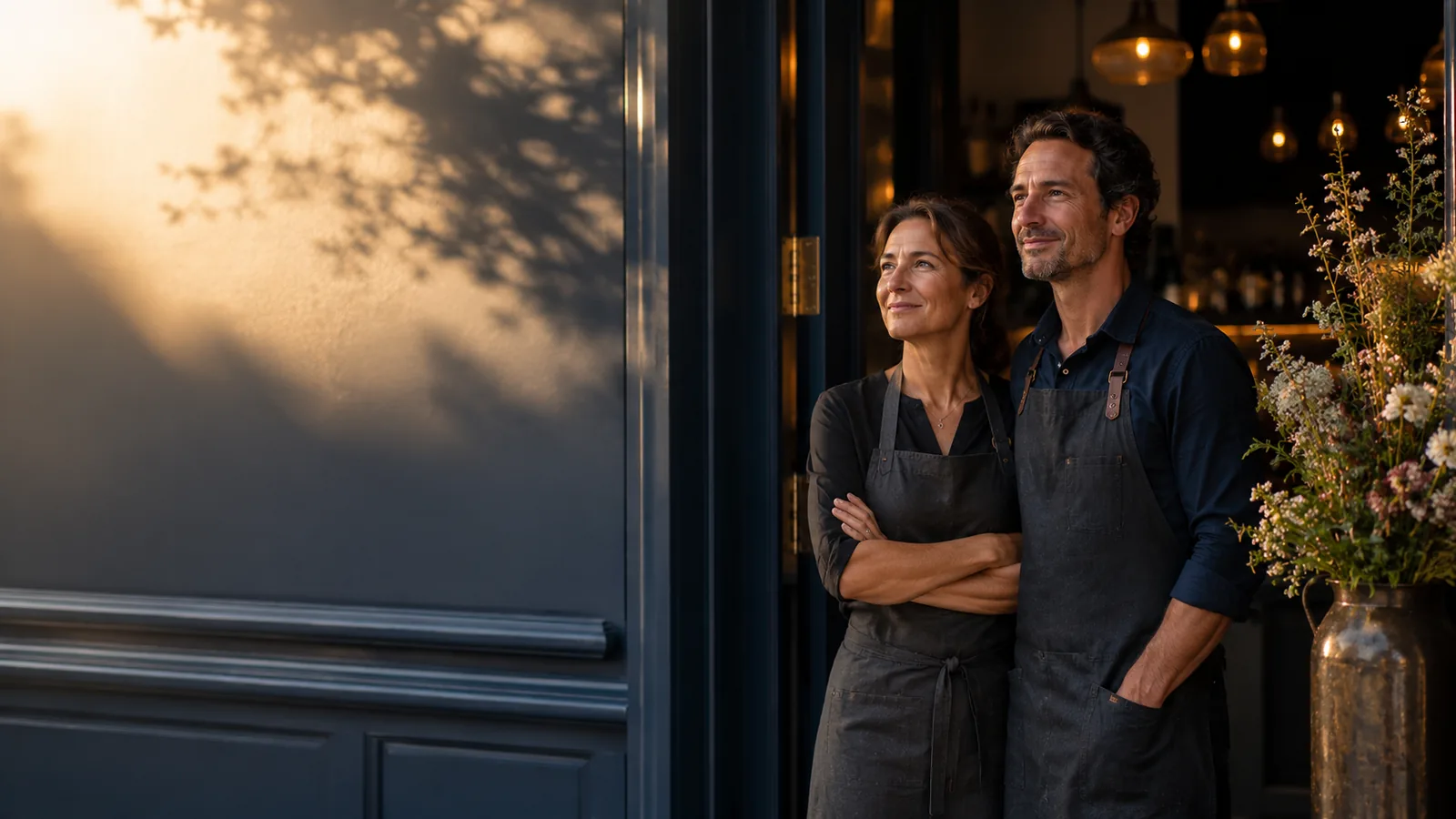 Couple at their cafe at sunrise